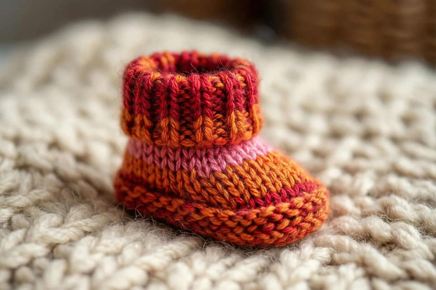 Een klein gebreid babyslofje in rood, oranje en roze ligt op een grofgebreide crèmekleurige wollen deken, van dichtbij gefotografeerd.