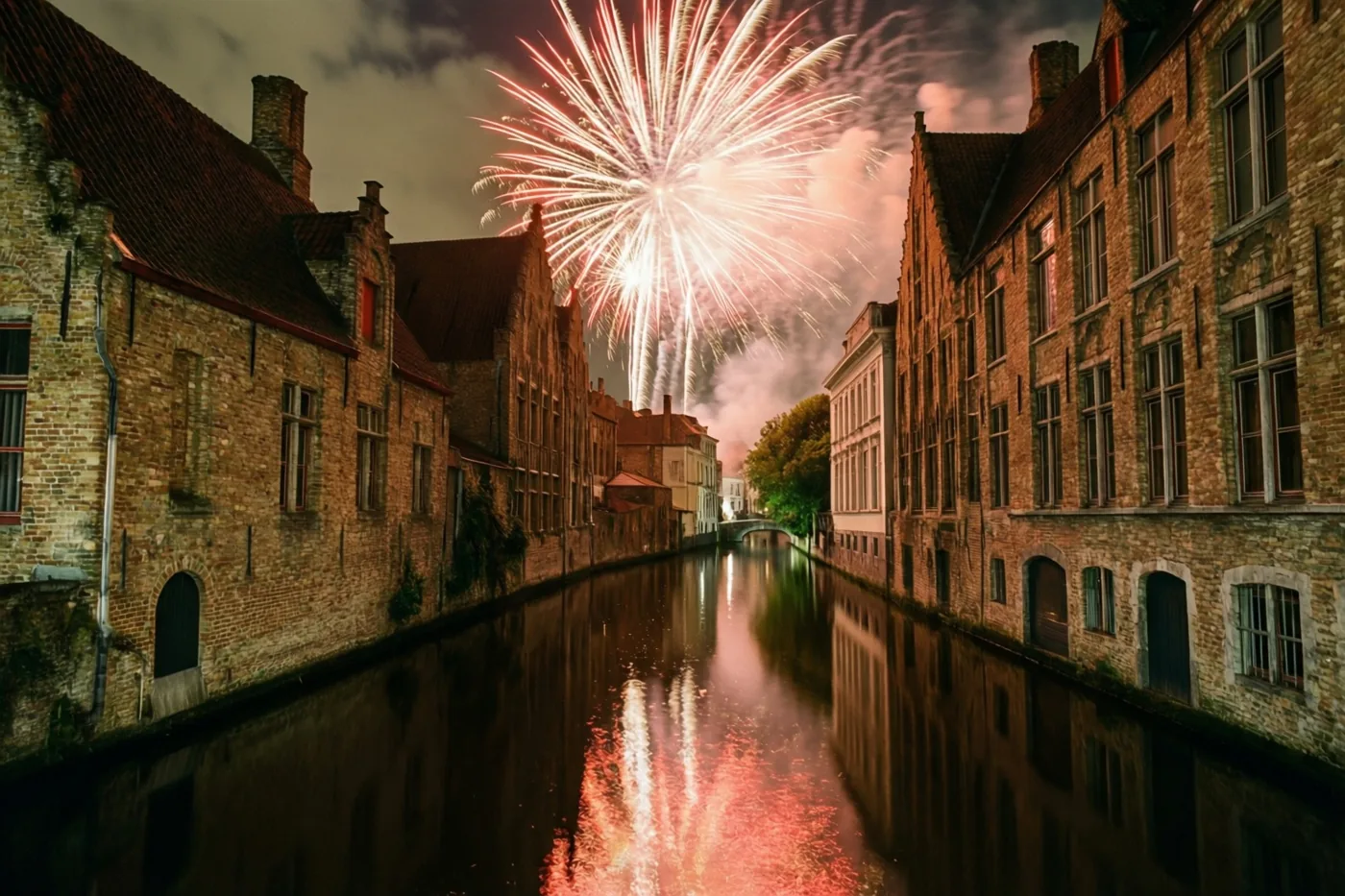 Vuurwerk boven een vaart in een oud Vlaams stadje verlicht de historische bakstenen gebouwen in rood en oranje en weerspiegelt in het water tegen een donkere hemel.