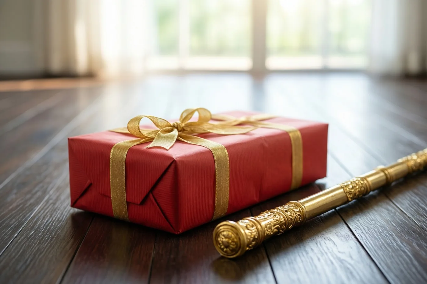 Een rood ingepakt cadeau met een gouden lint staat naast een sierlijke gouden staf op een donkere houten vloer, met zacht daglicht vanuit een raam op de achtergrond.