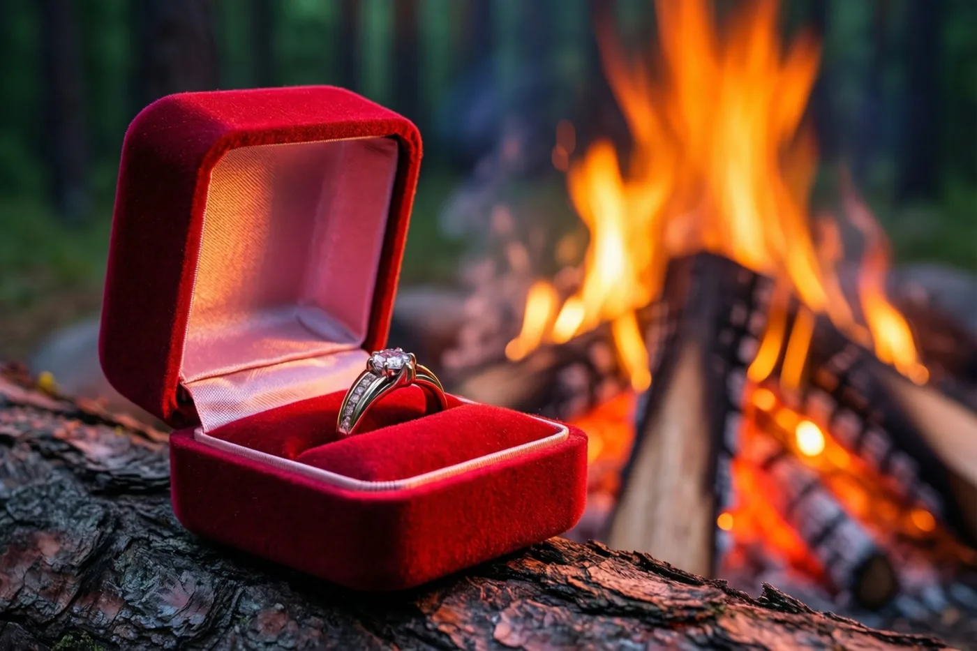 Een open roodfluwelen ringdoosje ligt op een boomstam naast een knetterend kampvuur in een bos bij schemering.