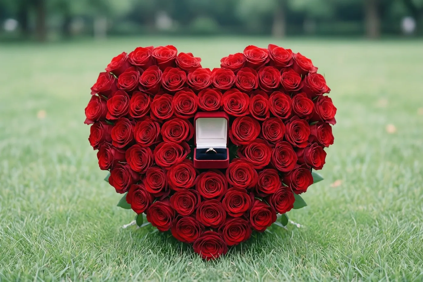 Rode rozen vormen een hart op een groen gazon in een parkachtige omgeving, met een open rood ringdoosje in het midden.
