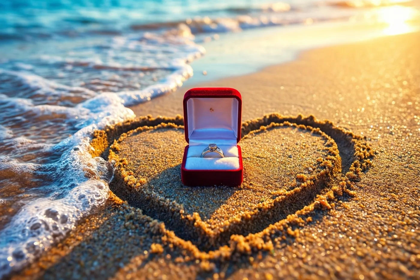 Een open rood ringdoosje met een ring staat midden in een hart in het natte strandzand, met naderende golven in goudkleurig zonlicht.