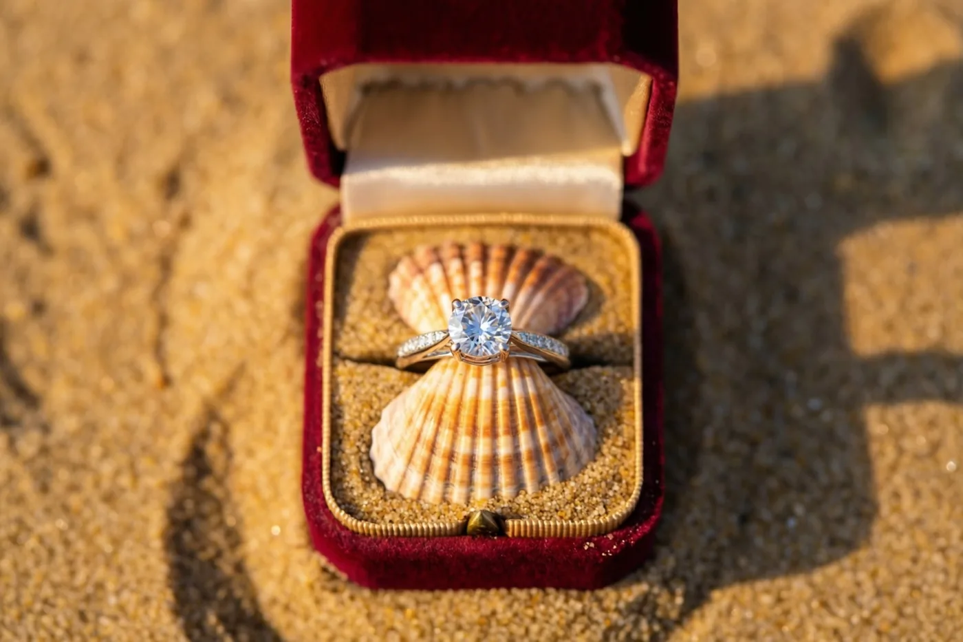 Een open rood fluwelen ringdoosje ligt op het strandzand, met daarin een ring met één diamant op een schelp in warm zonlicht.