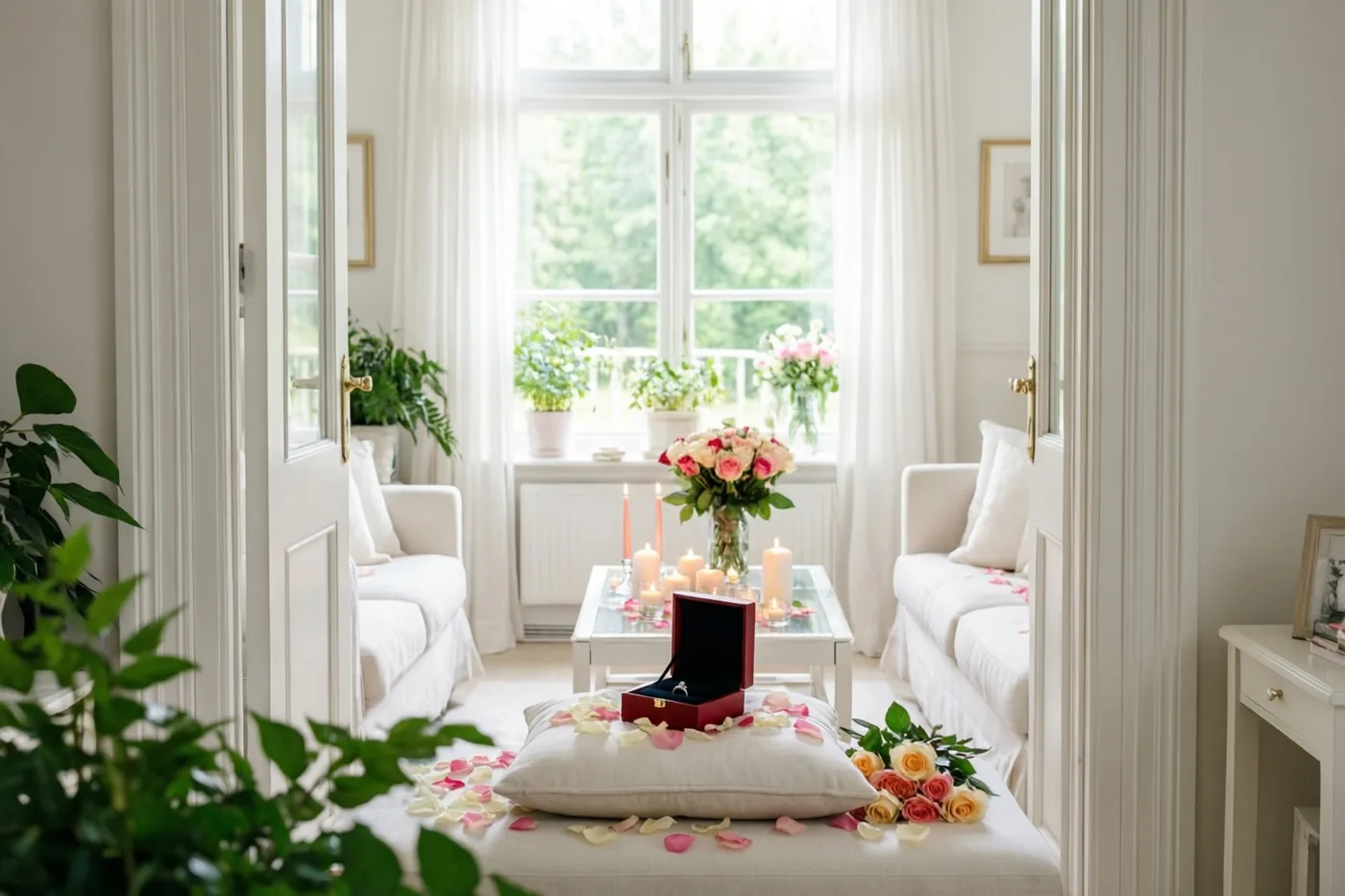 In een woonkamer met witte meubels en groene planten staat een open rood ringdoosje op een kussen tussen kaarsen en rozenblaadjes, met daglicht door het raam.
