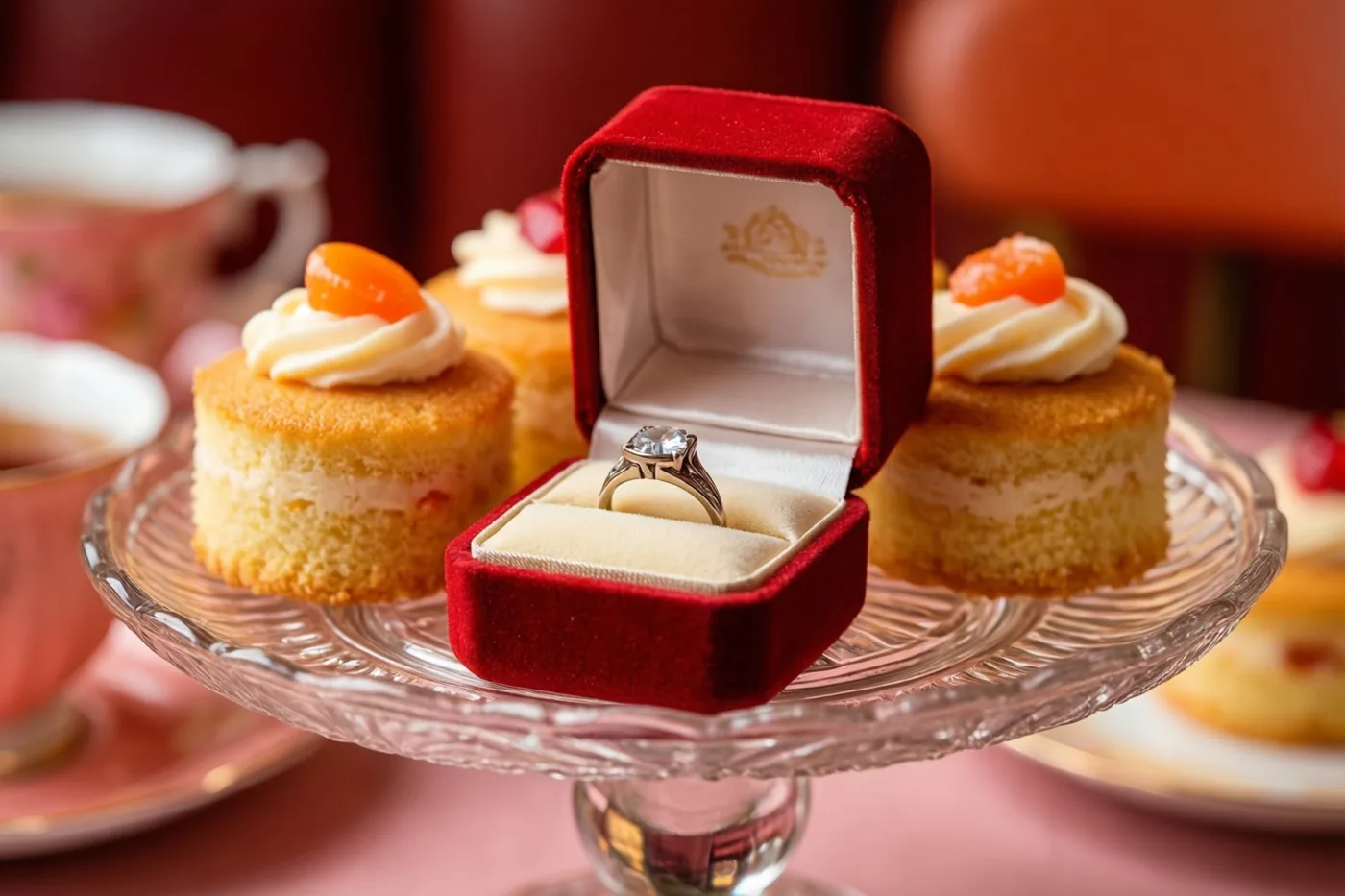 Een open rood fluwelen ringdoosje met een diamanten verlovingsring staat tussen kleine roomtaartjes met slagroom en oranje garnering op een vintage glazen taartstandaard in een warm verlichte tearoom met zachte rode en roze tinten.