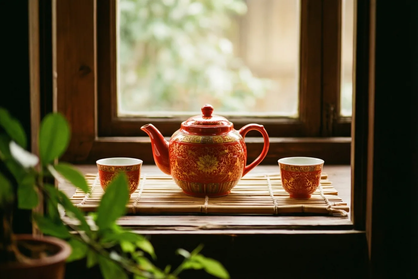 Een rode porseleinen theepot met gouden patronen en twee bijpassende kopjes staan op een bamboemat op een vensterbank in warm daglicht, met groen op de voorgrond en achtergrond.