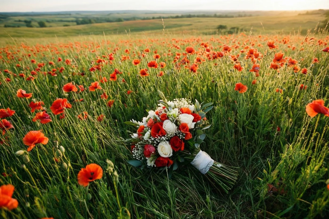 Een bruidsboeket met rode en witte bloemen ligt tussen rode klaprozen en groen gras in warm goudkleurig zonlicht.