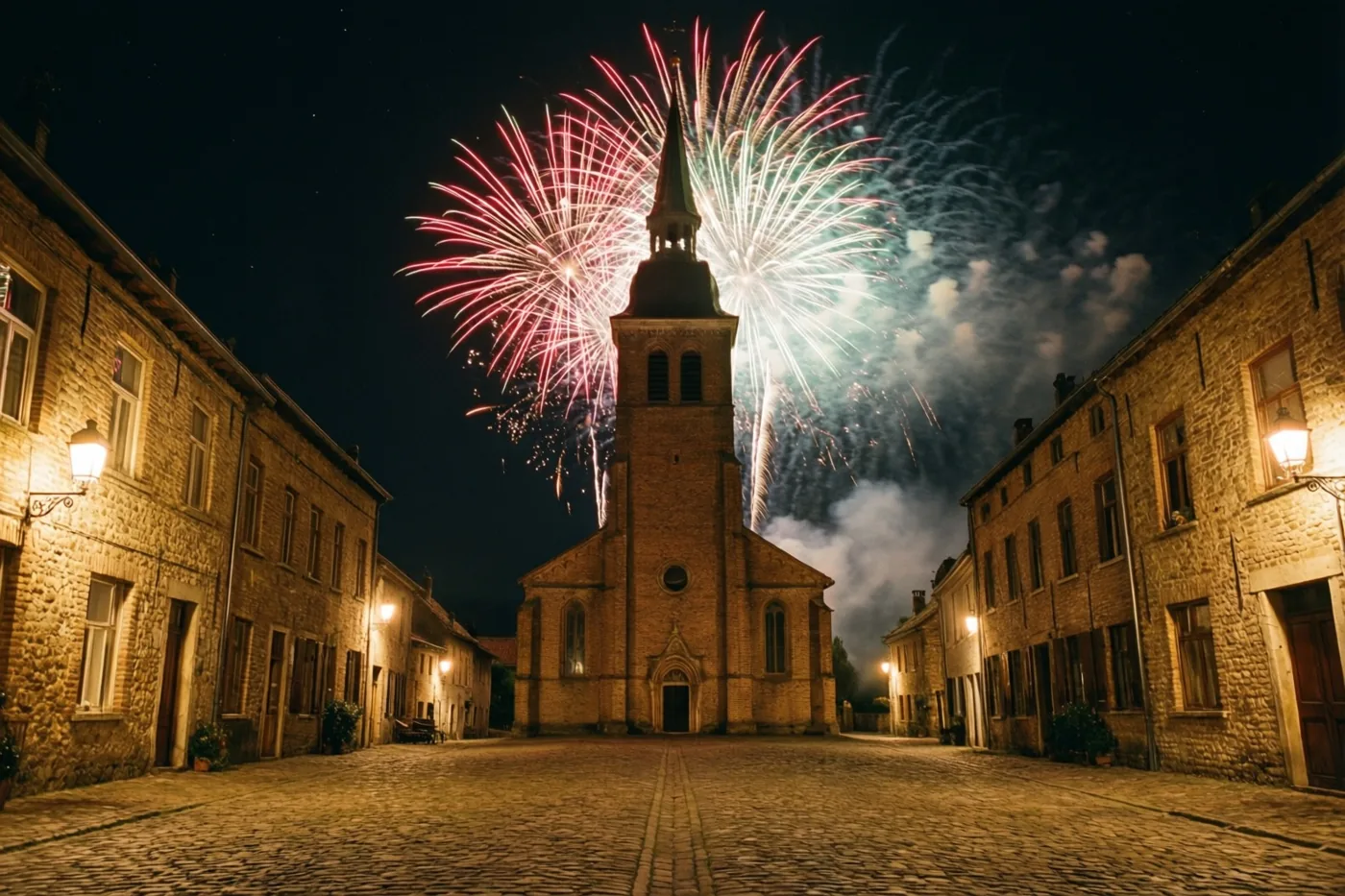 Rood en wit vuurwerk barst los boven een bakstenen kerktoren op een gekasseid dorpsplein dat 's nachts door straatlampen wordt verlicht.