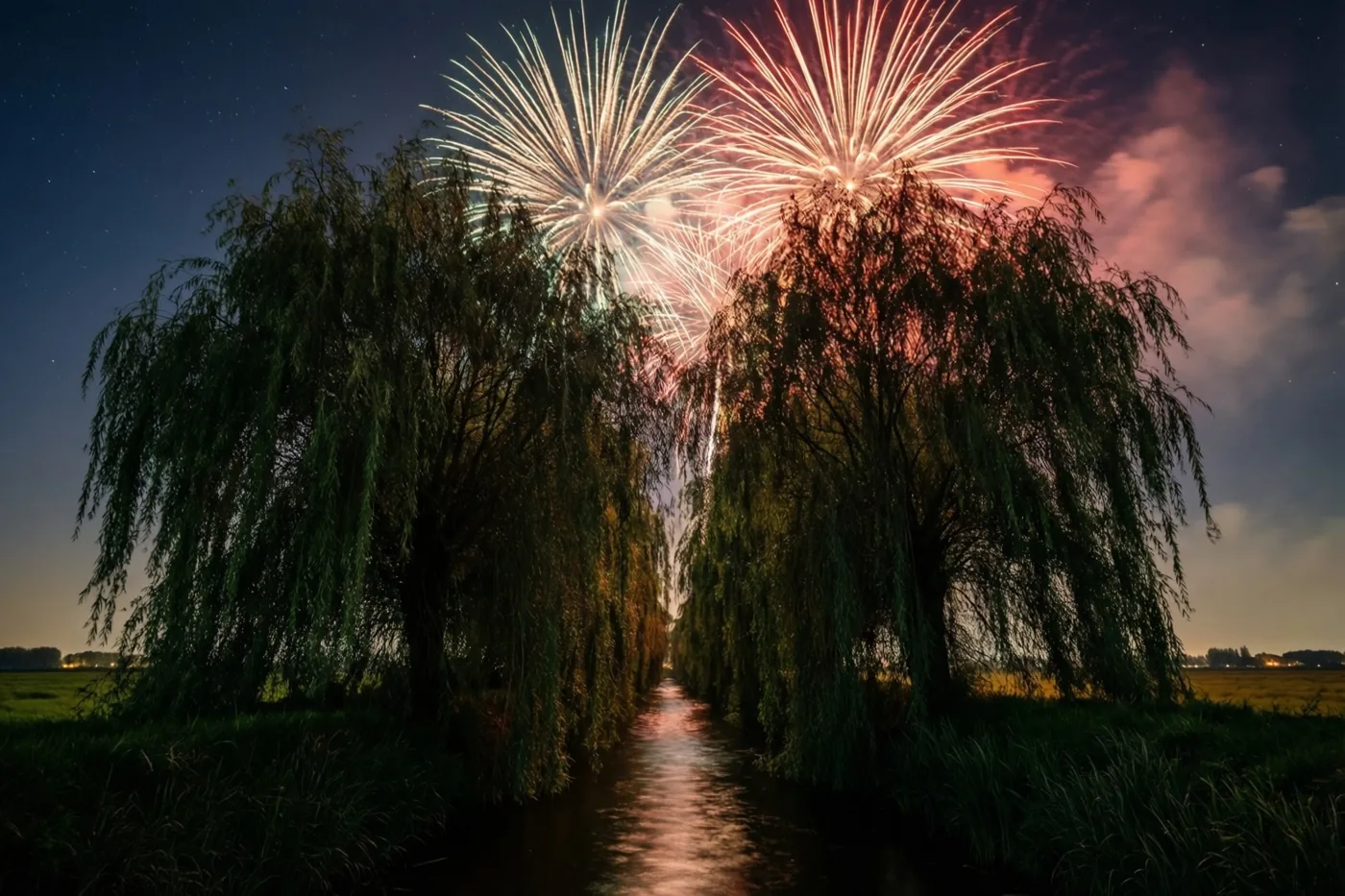 Silhouetten van knotwilgen langs een smalle sloot omlijsten rood en wit vuurwerk tegen een donkere sterrenhemel.