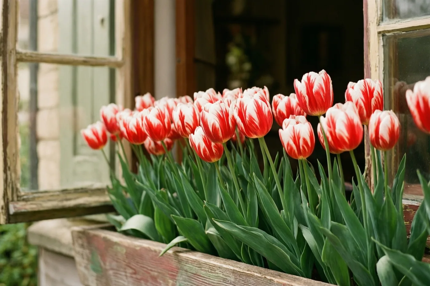 Een rij rood-wit gestreepte tulpen bloeit buiten in een verweerde houten bloembak naast een open raam.