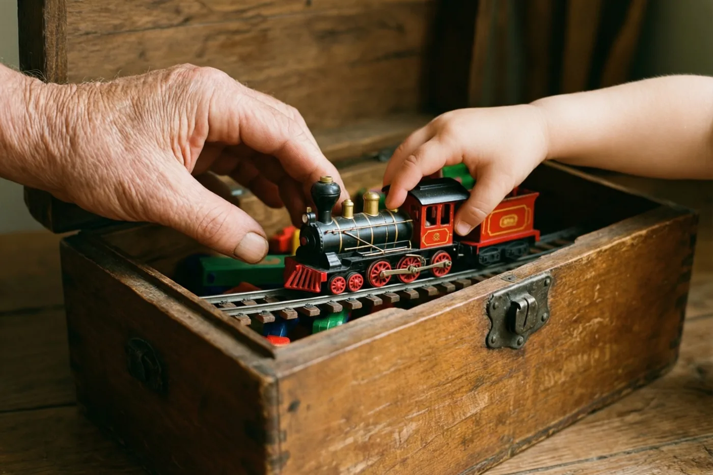 Een gerimpelde oudere hand en een kleine kinderhand tillen samen een oude rood-zwarte speelgoedtrein uit een houten speelgoedkist op een houten oppervlak.