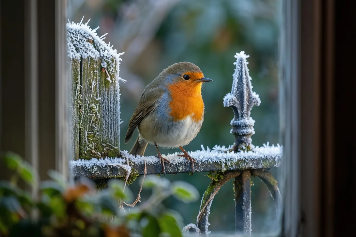 Door een raam is een roodborstje met een oranje borst en grijze rug te zien bij een berijpte houten paal en metalen tuinhek, met wazig groen erachter.