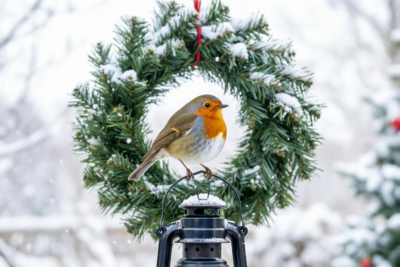 Een roodborstje zit op het handvat van een besneeuwde zwarte lantaarn, met een groene kerstkrans met sneeuw tegen een wazige winterachtergrond.
