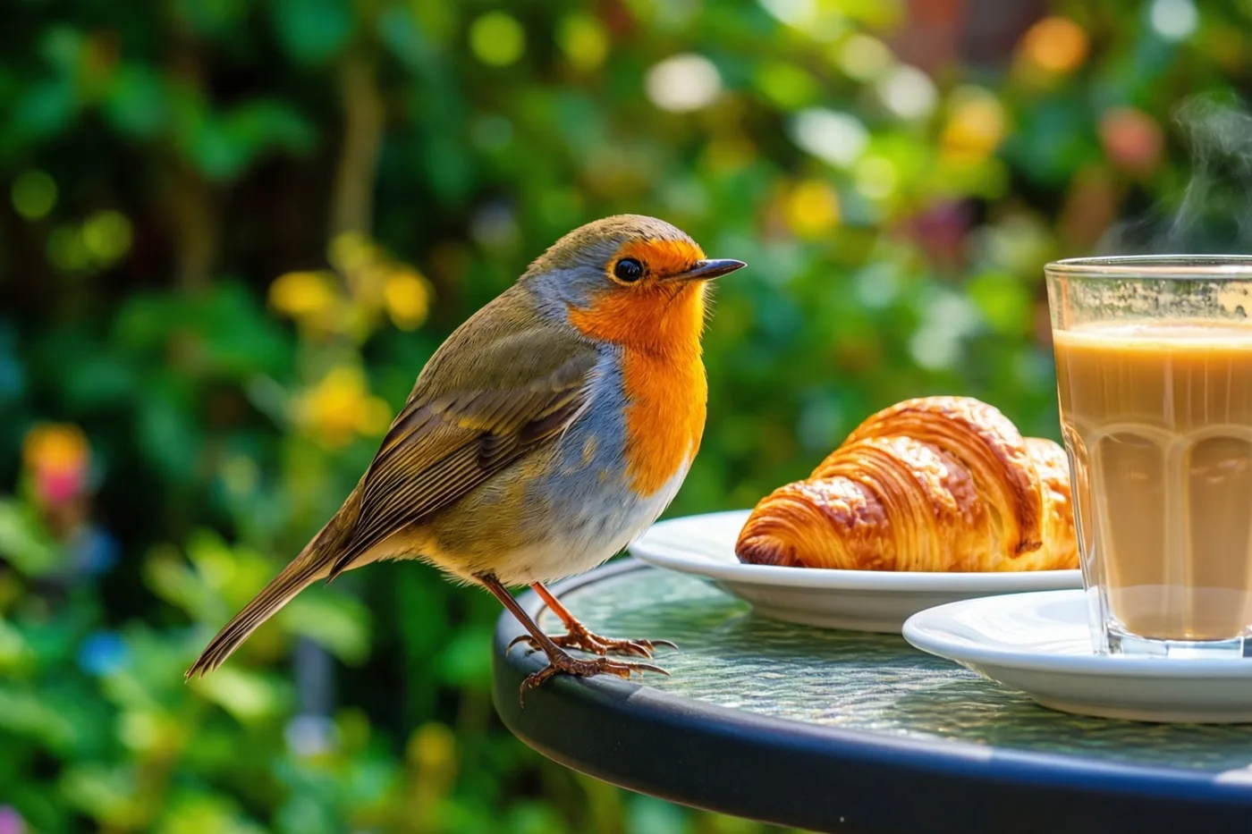 Een roodborstje zit op de rand van een tuintafel naast een goudbruine croissant en een dampend glas koffie, met onscherp groen op de achtergrond.