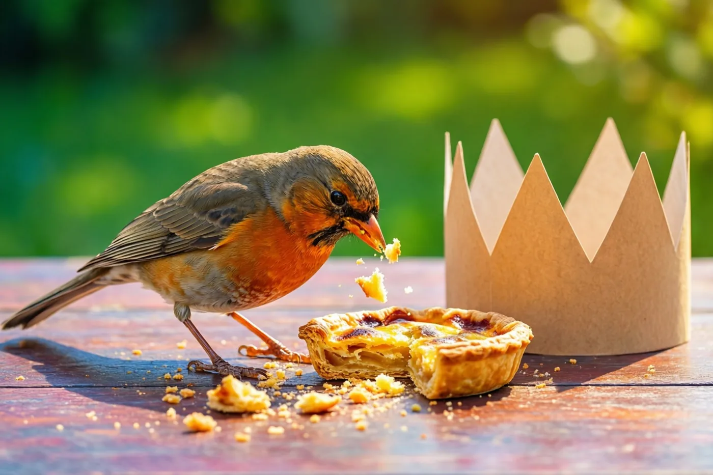 Een roodborstje pikt kruimels van een deels opgegeten taart op een houten tafel, met een papieren kroon ernaast en een onscherpe groene achtergrond.