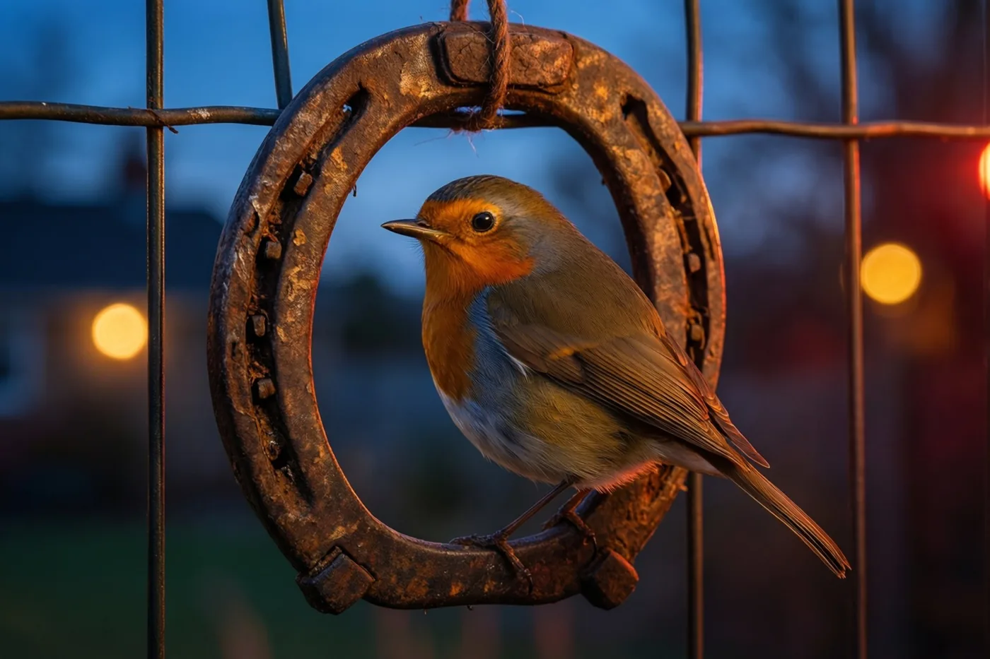 Een roodborstje zit in de schemering op een oud roestig hoefijzer aan een metalen hek, met warme onscherpe lichtjes op de achtergrond.