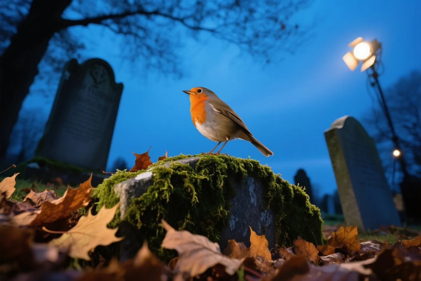 Een roodborstje zit op een bemoste grafsteen tussen herfstbladeren, met koelblauw avondlicht en warme accenten van een straatlamp.