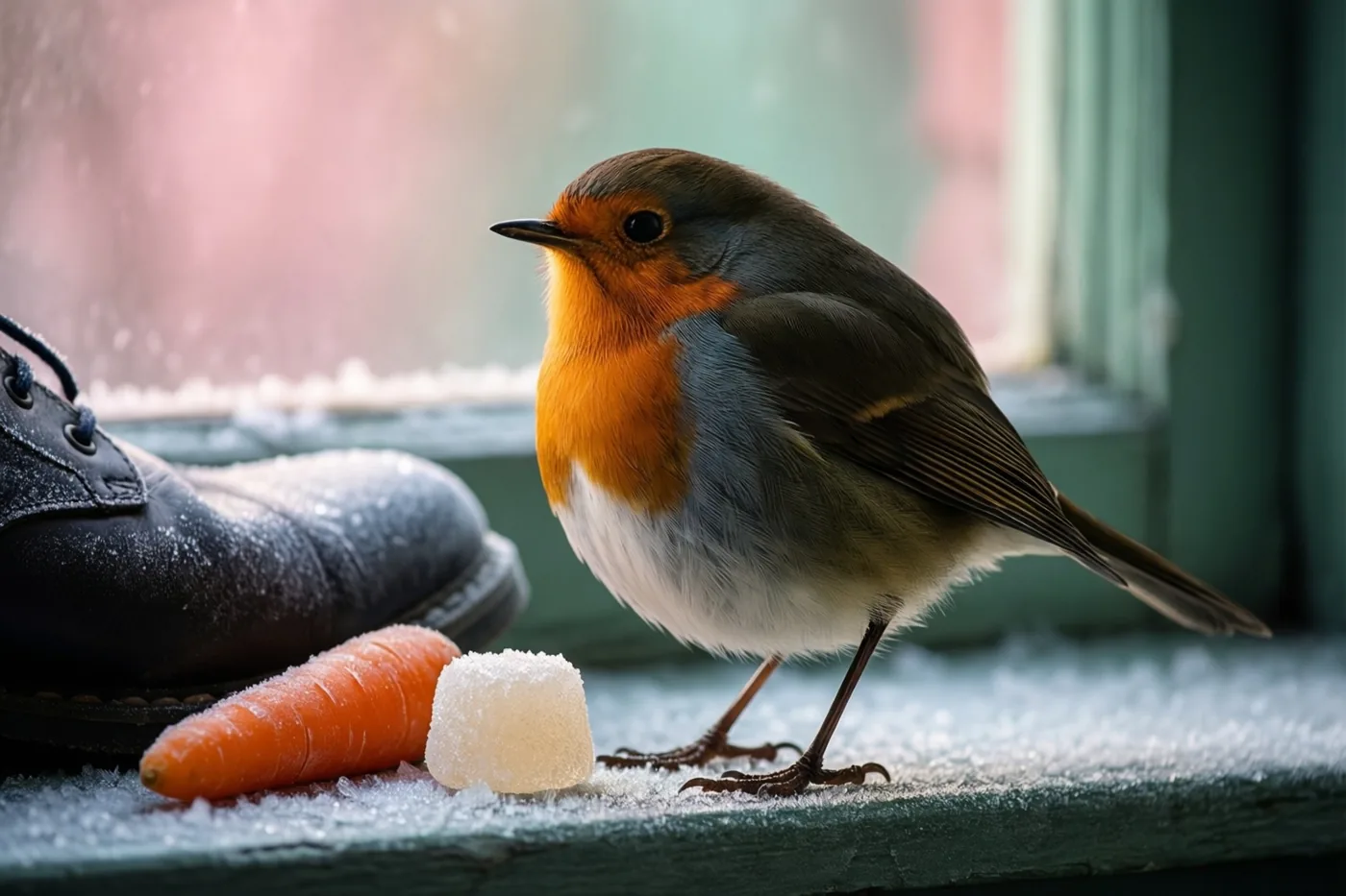 Een roodborstje staat op een berijpte vensterbank naast een donkere schoen, een wortel en een suikerklontje, met een onscherp raam in zachte roze en groene tinten op de achtergrond.