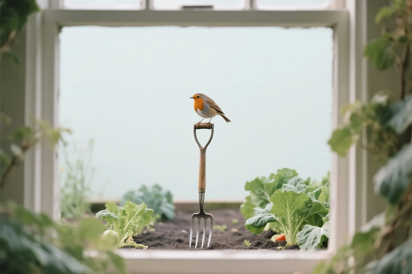 Door een raam is een roodborstje te zien op het handvat van een rechtopstaande spitvork in een moestuin, met onscherp groen rondom.