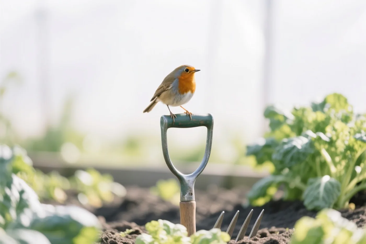 Een roodborstje zit op het handvat van een spitvork tussen groene bladgroenten in een zonnige moestuin met een onscherpe achtergrond.