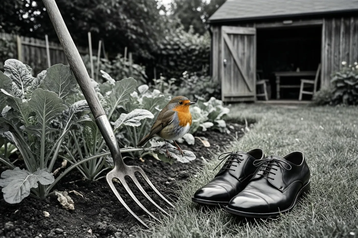 Een roodborstje zit op een spitvork in een groentebed bij zwarte schoenen op het gras, met de vogel en de schoenen in kleur tegen een zwart-witte tuin met een houten schuurtje.