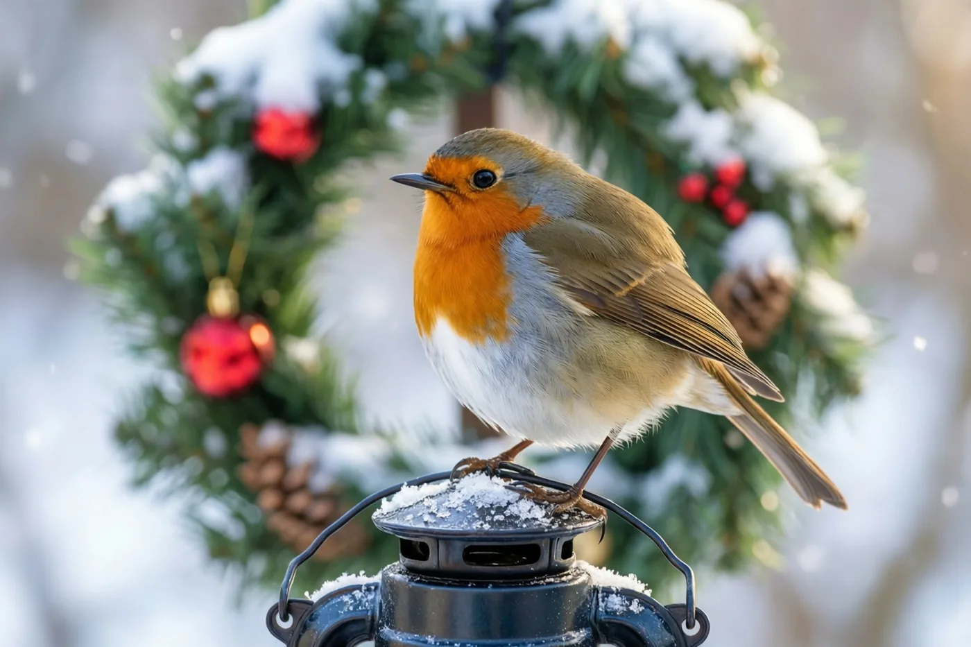 Een roodborstje zit op het handvat van een zwarte lantaarn met sneeuw, met daarachter een besneeuwde kerstkrans met rode bessen en dennenappels.
