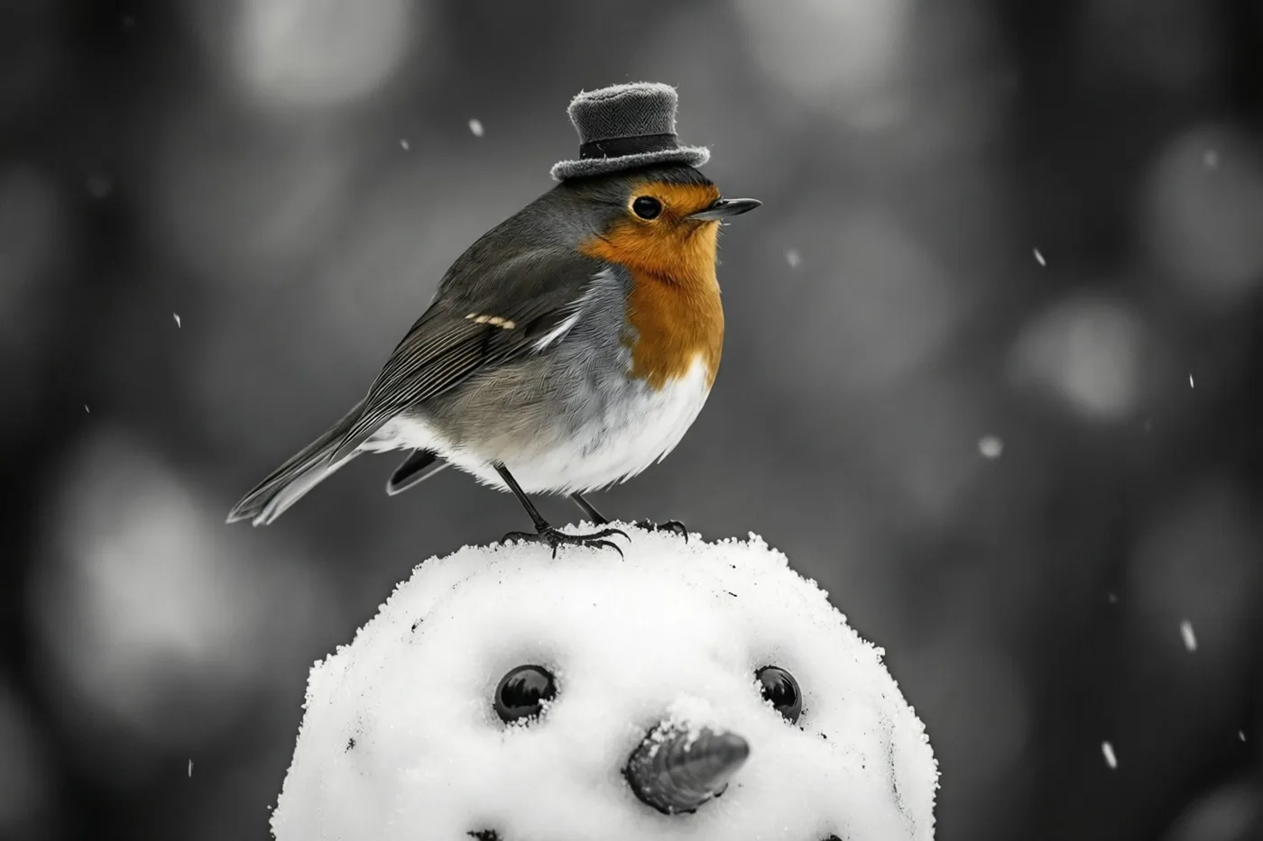 Een roodborstje met een oranje borst, grijze rug en kleine hoge hoed zit op de kop van een sneeuwman in een sneeuwlandschap.