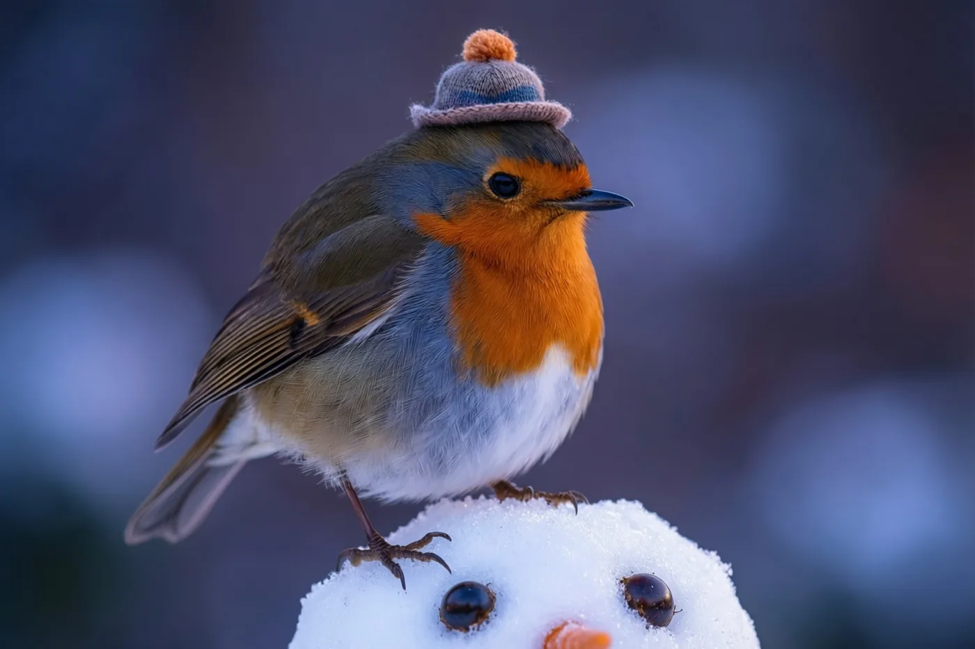 Een roodborstje met een gebreide pomponmuts zit op de kop van een kleine sneeuwman met donkere ogen en een wortelneus tegen een wazige blauwpaarse achtergrond.