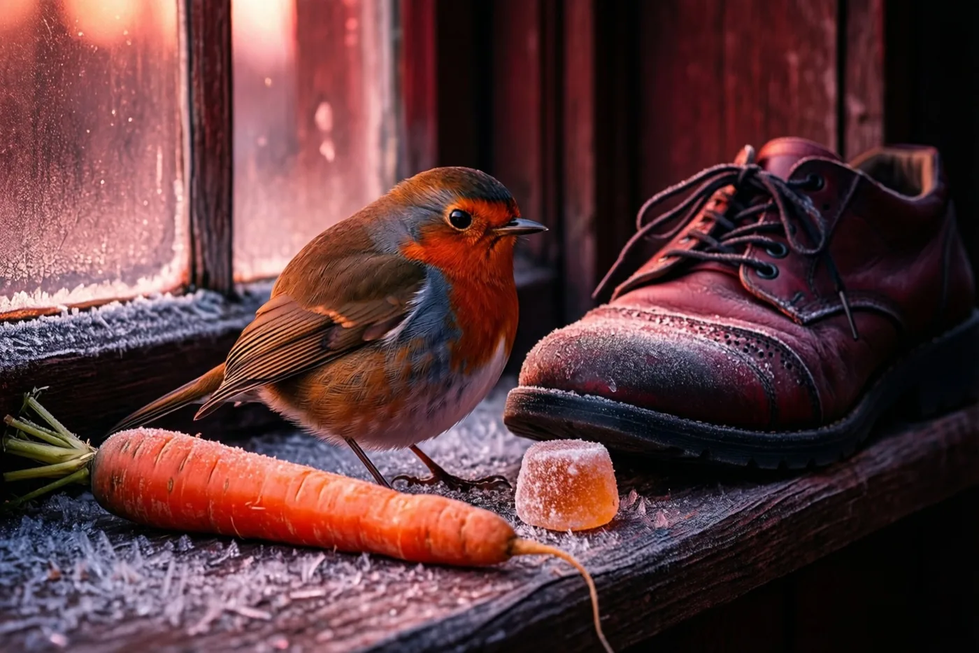Een roodborstje staat op een berijpte vensterbank naast een bruine leren schoen, een wortel en een suikerklontje in warm rood-oranje licht.