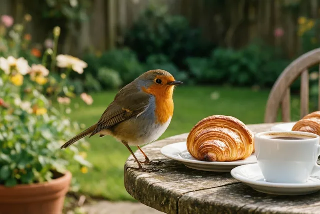 Een roodborstje bij de ochtendkoffie