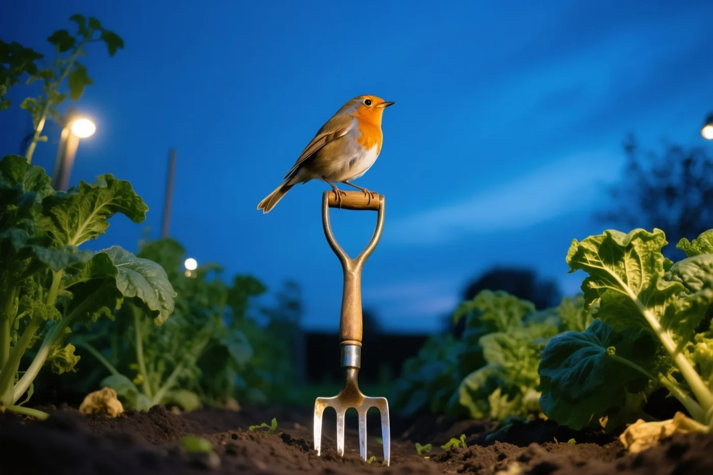 Een roodborstje zit bij schemering op het houten handvat van een spitvork tussen bladgroenten, onder een diepblauwe lucht met kunstlicht in de verte.