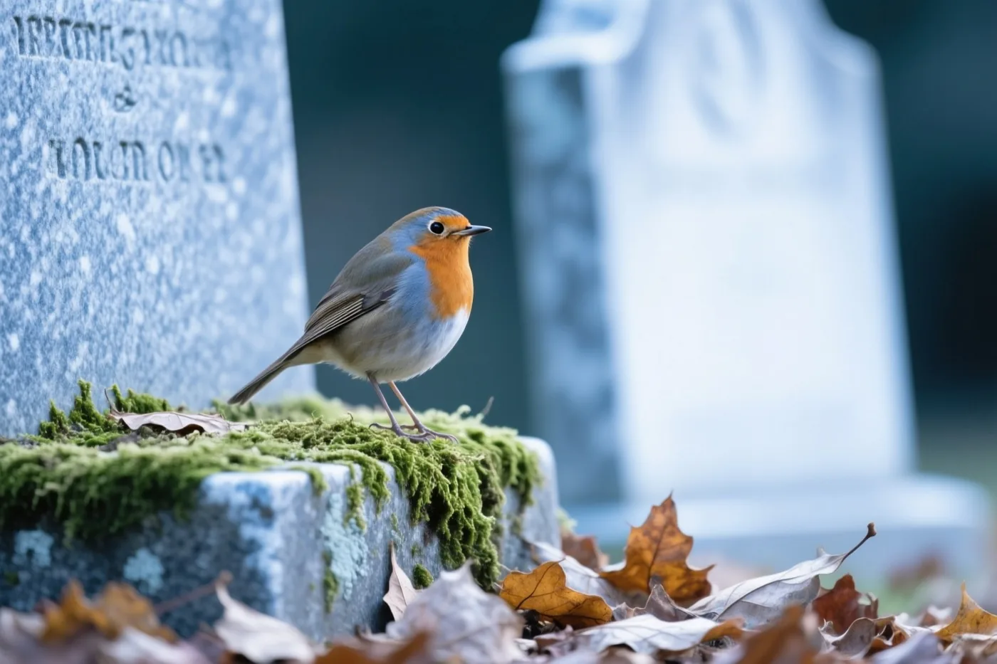 Een roodborstje zit op een met mos begroeide grafsteen, omringd door gevallen herfstbladeren op een begraafplaats in gedempte blauwe en groene tinten.