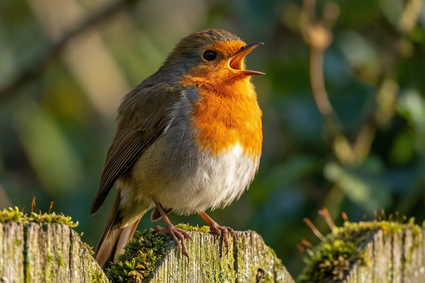 Een roodborstje met een feloranje borst zingt met open snavel op een bemoste houten weidepaal in warm ochtendlicht, tegen een wazige groene achtergrond.
