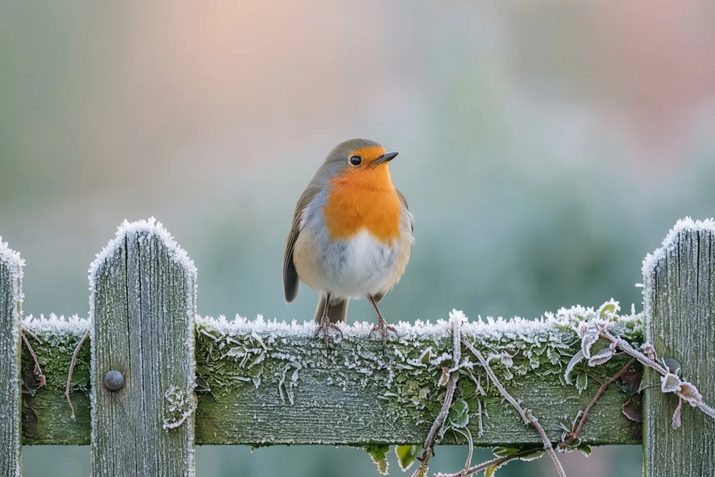Een roodborstje zit op een houten dwarslat bedekt met rijp in een winterse tuin, tegen een zacht vervaagde achtergrond in witte en grijze tinten.