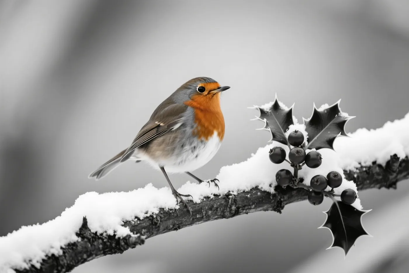 Een roodborstje zit op een besneeuwde tak naast hulstbessen in een winters landschap met een wazige achtergrond.