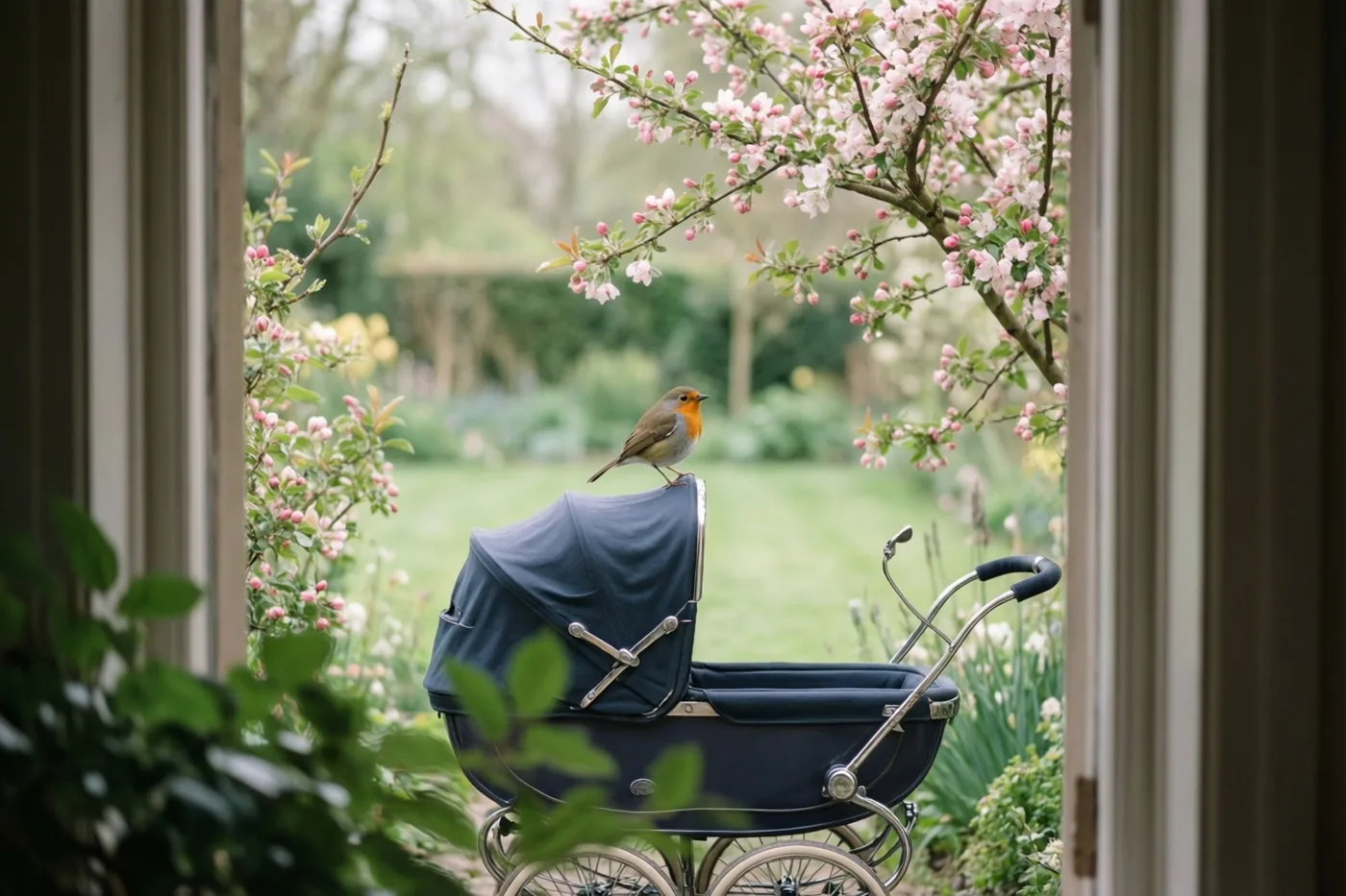 Door een raamkozijn is een roodborstje te zien op de kap van een oude donkerblauwe kinderwagen in een tuin met roze bloesemtakken.