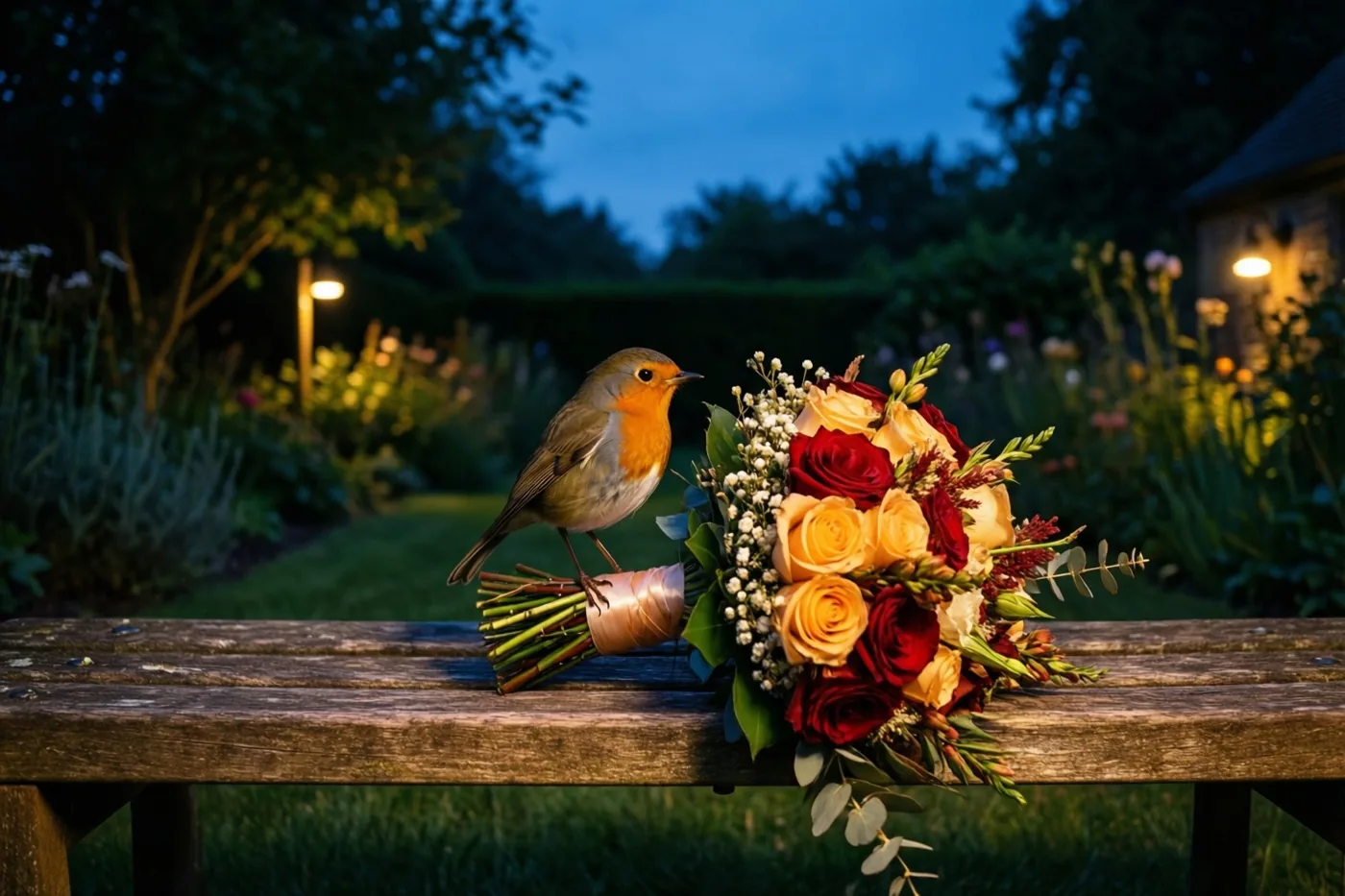 Een roodborstje zit op een bruidsboeket met rode, oranje en gele bloemen op een houten tuinbank, verlicht door zachte tuinlampjes in de avondschemering.