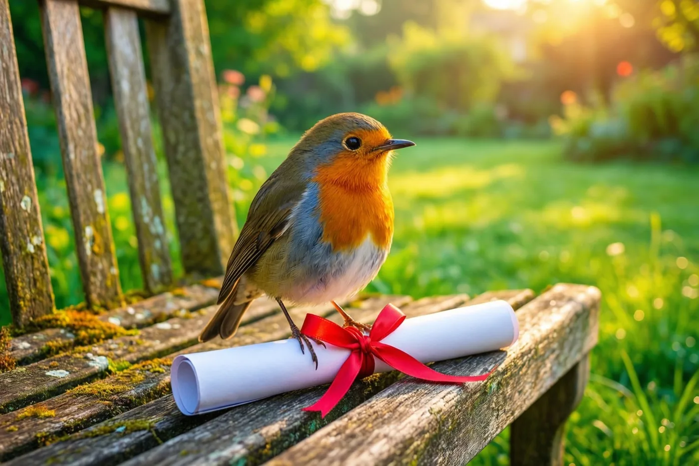 Een roodborstje zit op een opgerold diploma met rood lint op een verweerde houten tuinbank, in warm ochtendlicht met een wazige groene tuin erachter.
