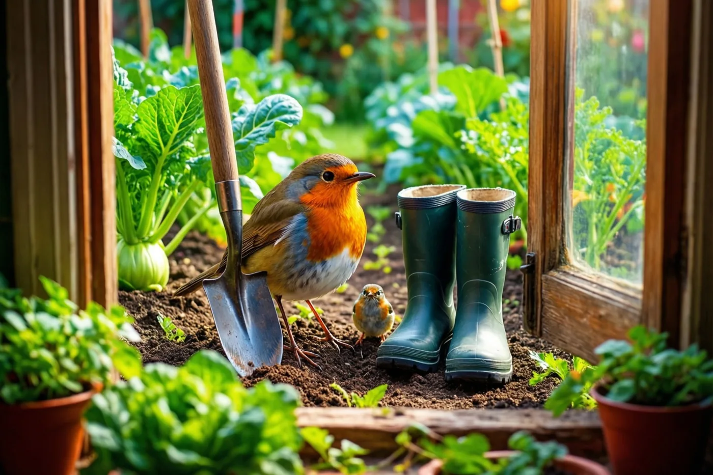 Door een houten raam zie je een roodborstje op een spade in een groene moestuin, met groene rubberlaarzen in de aarde ernaast.