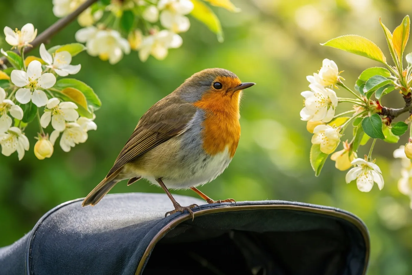 Een roodborstje zit op de kap van een oude kinderwagen in een tuin met bloeiende witte bloemen en groene bladeren.