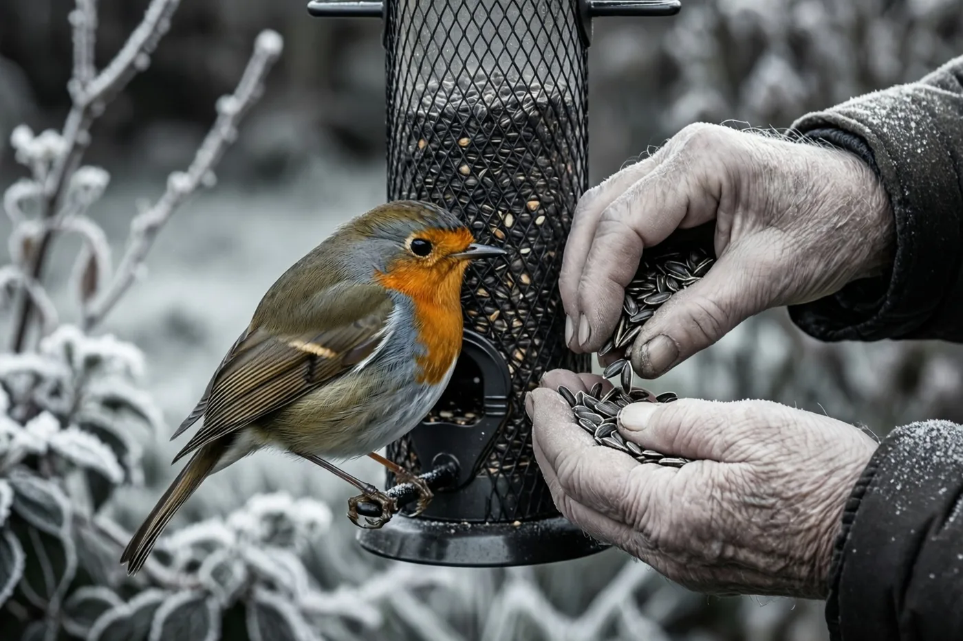 Een roodborstje zit op een zwarte voederhouder van gaas terwijl een oude en een kleine hand er zonnebloempitten in doen, met zijn oranje borst in kleur tegen een vrijwel kleurloze tuin vol rijp.
