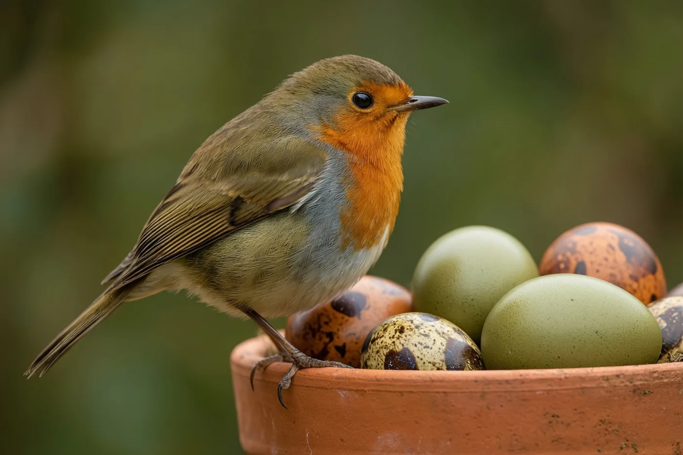 Een roodborstje zit op de rand van een terracotta pot met verschillende beschilderde paaseieren tegen een wazige groene achtergrond.