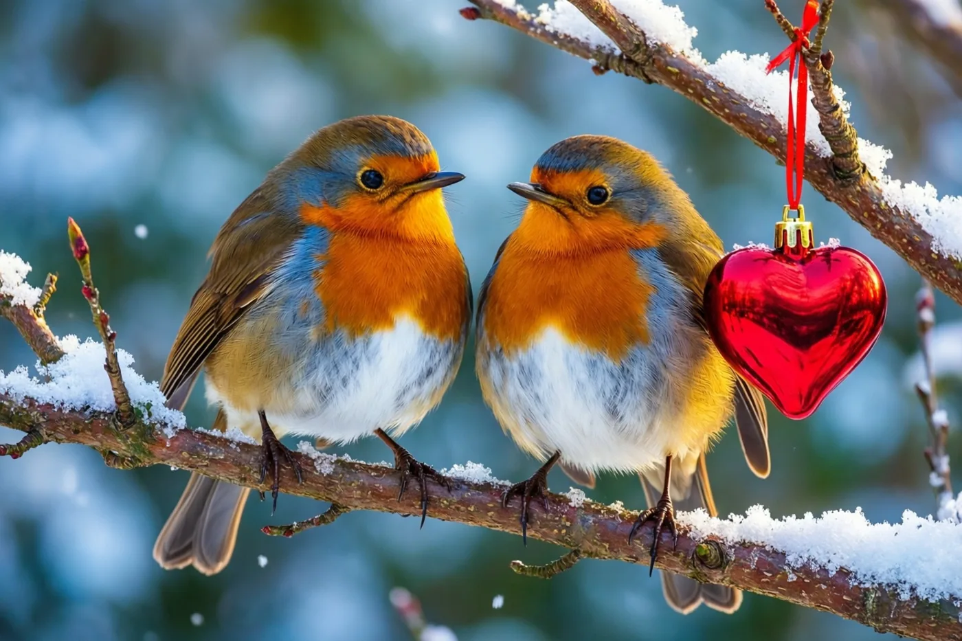 Twee roodborstjes zitten tegenover elkaar op een tak met een laagje sneeuw, naast een glanzende rode kerstversiering in hartvorm tegen een wazige winterachtergrond.