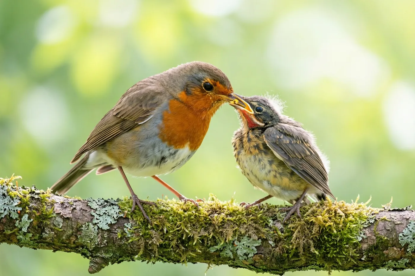Een mannetjesroodborstje met een feloranje borst voert een donzig jong naast zich op een bemoste boomtak, met onscherp groen op de achtergrond.
