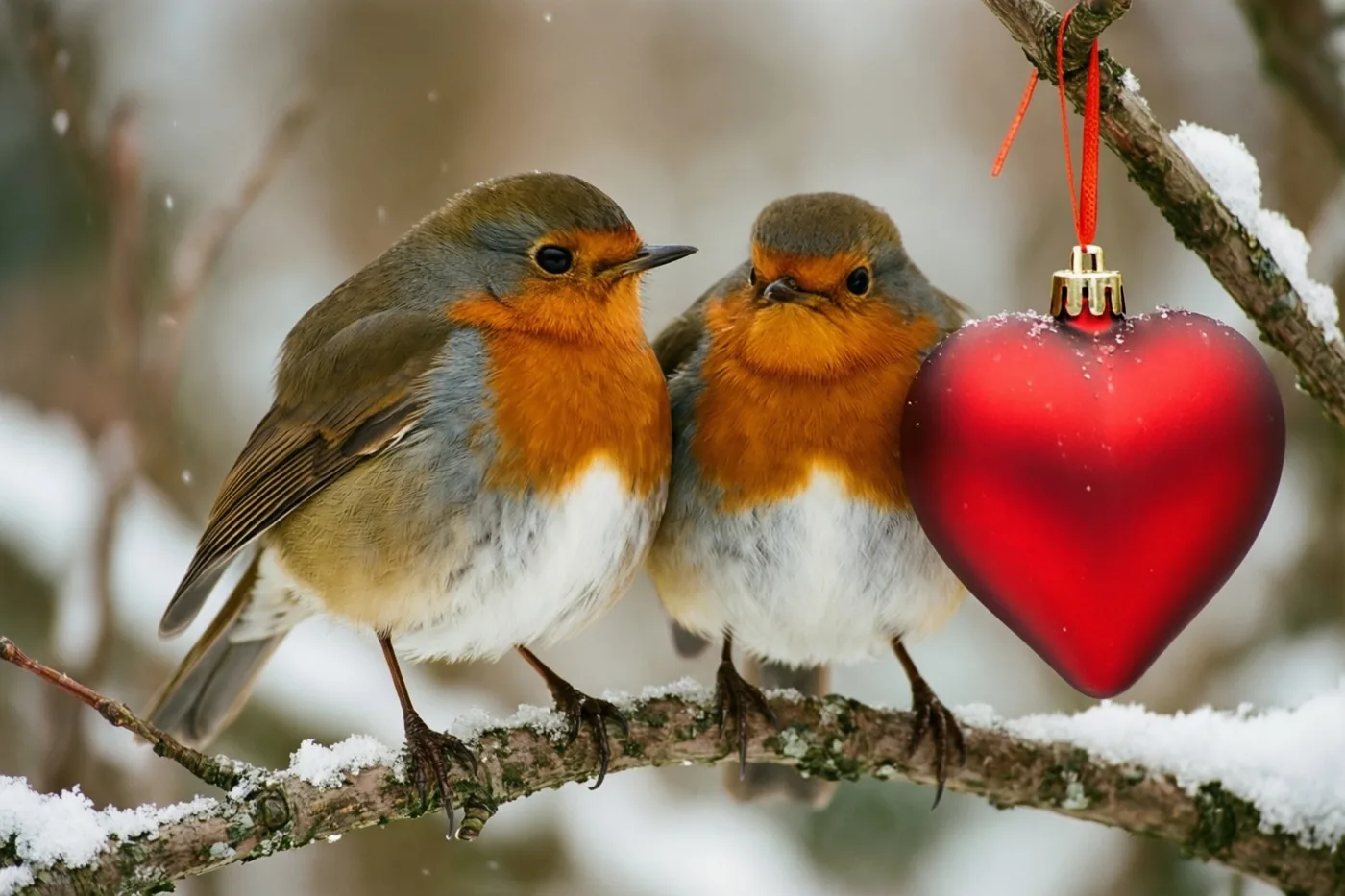 Twee roodborstjes zitten op een besneeuwde boomtak naast een hangende rode kerstversiering in hartvorm, met een wazige winterachtergrond.