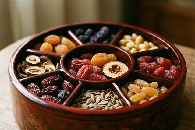Een ronde roodgelakte doos met vakjes vol gedroogd fruit en zaden staat op een houten oppervlak tegen een zacht wazige achtergrond.