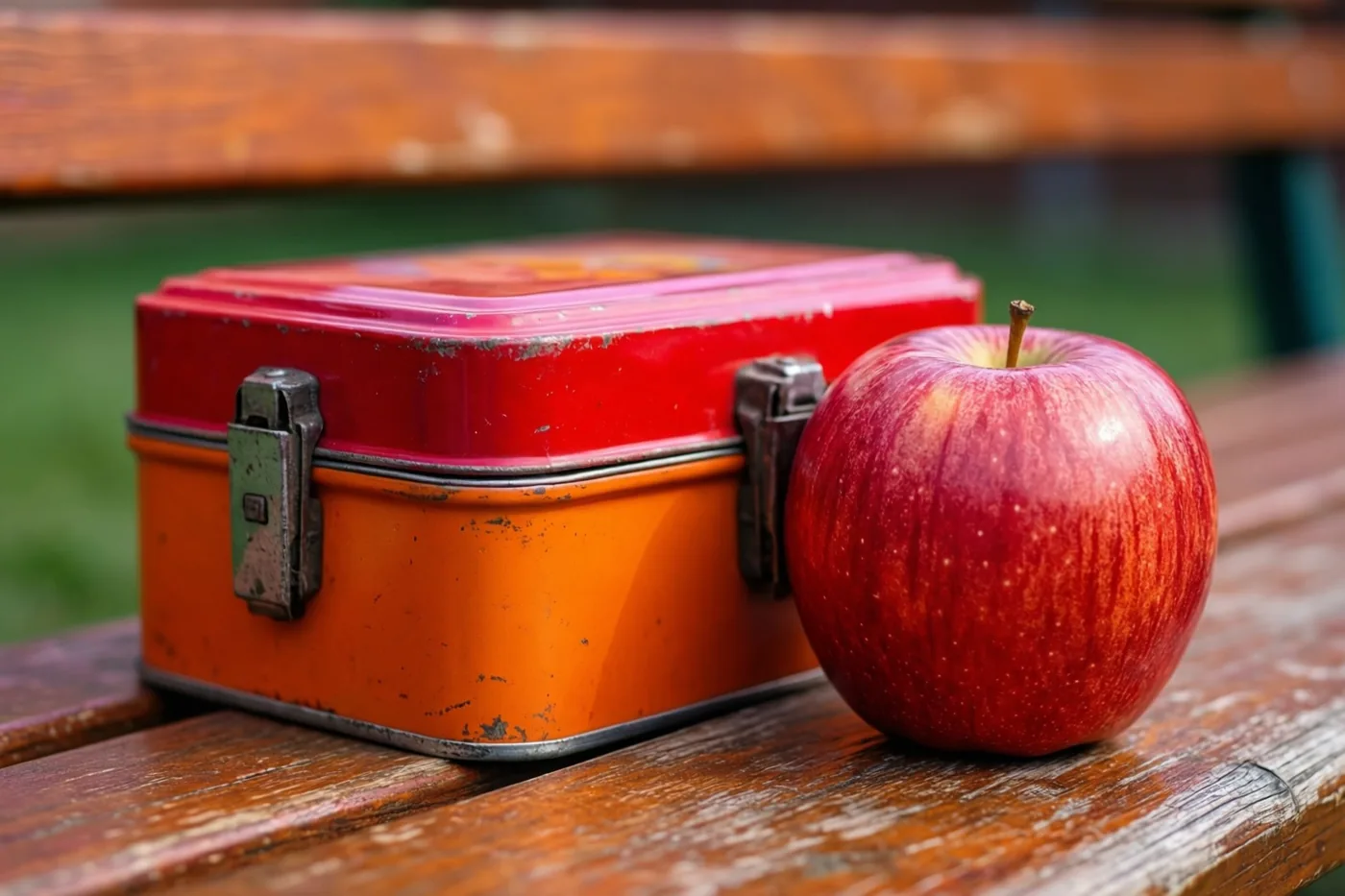 Een oude rode en oranje blikken brooddoos staat naast een glanzende rode appel op een verweerde houten schoolbank in natuurlijk buitenlicht.