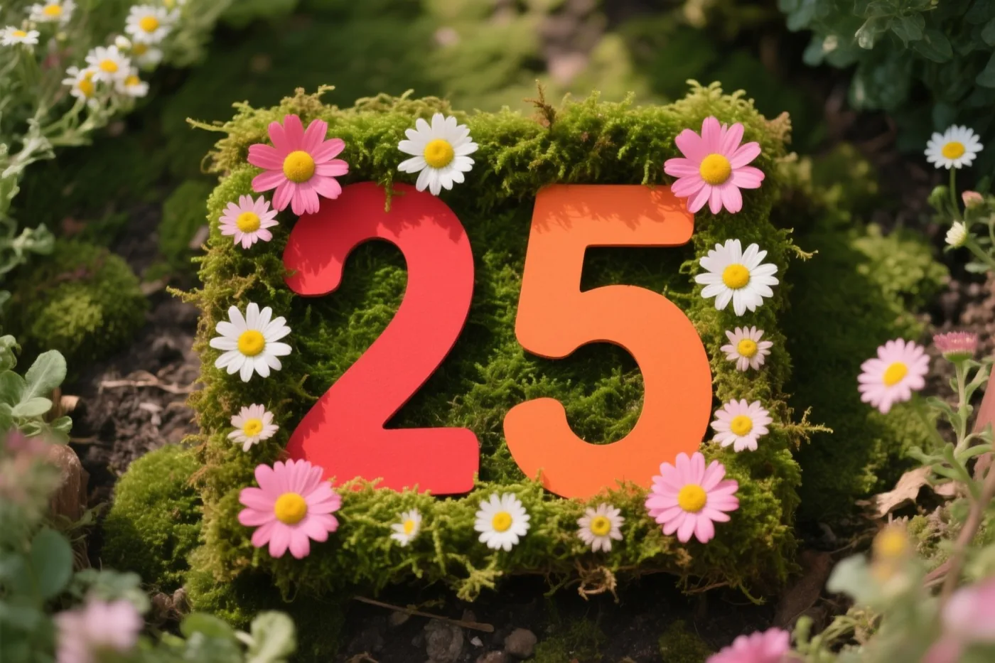 Rode en oranje uitgesneden cijfers vormen 25 in een groene moslijst met roze en witte madeliefjes in een tuin met zacht zonlicht.