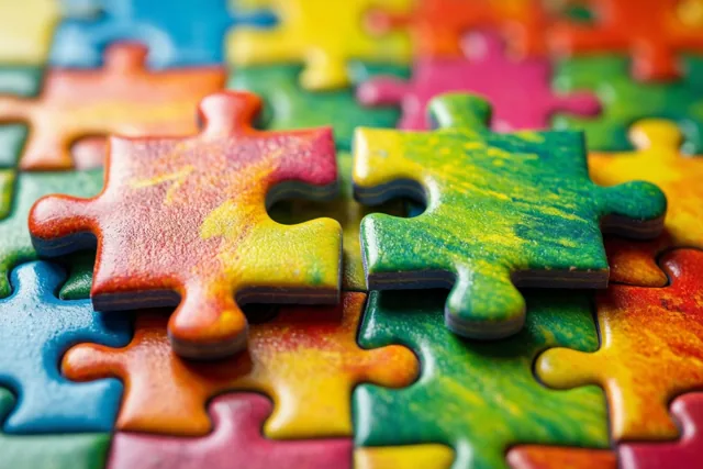 Een roodoranje en een groen puzzelstukje liggen klaar om in elkaar te passen op een kleurrijke puzzel.