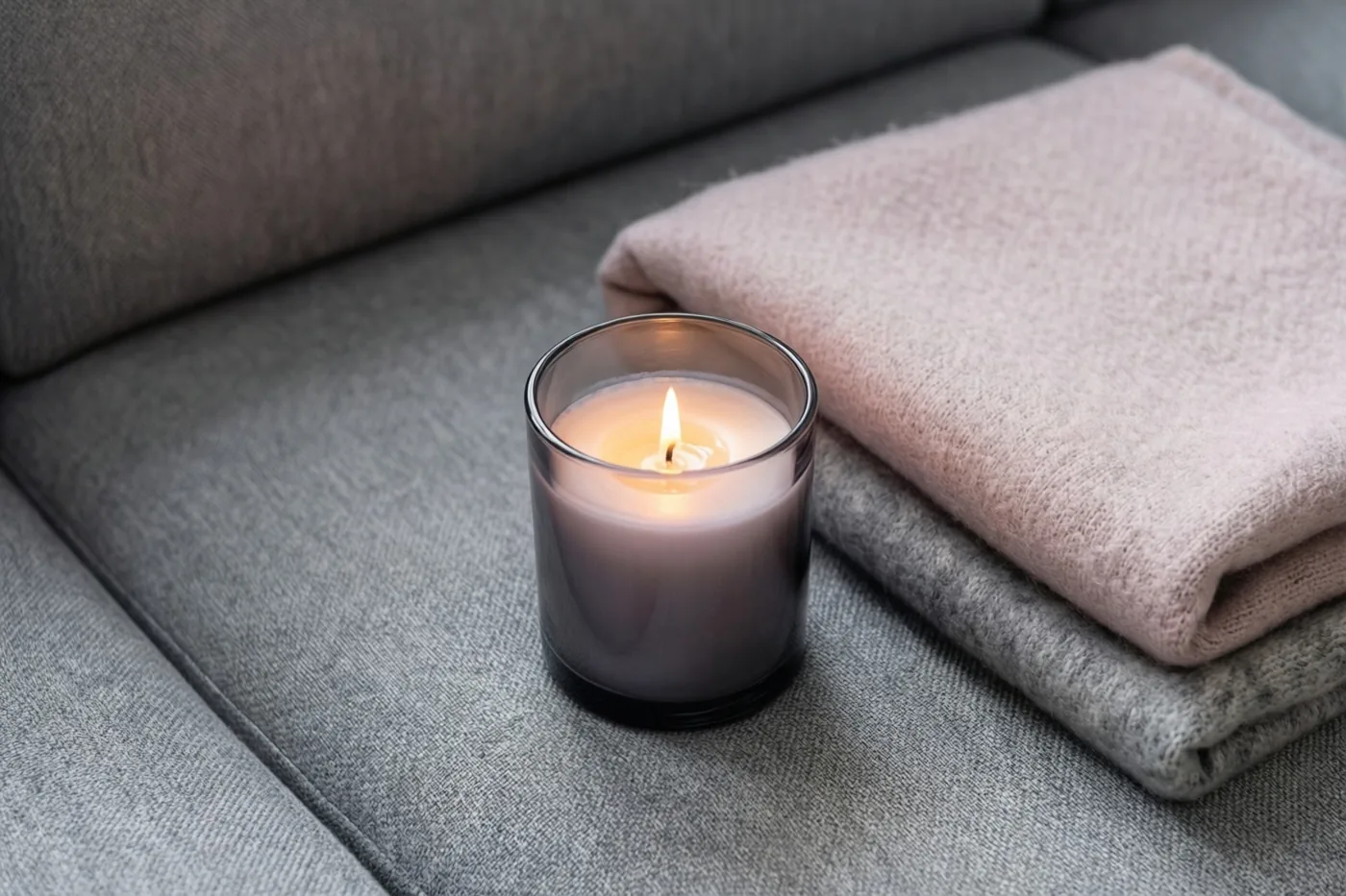 Een brandende kaars in een houder van rookglas staat naast een opgevouwen wollen deken op een grijze zetel, in zacht licht met grijze en beige tinten.